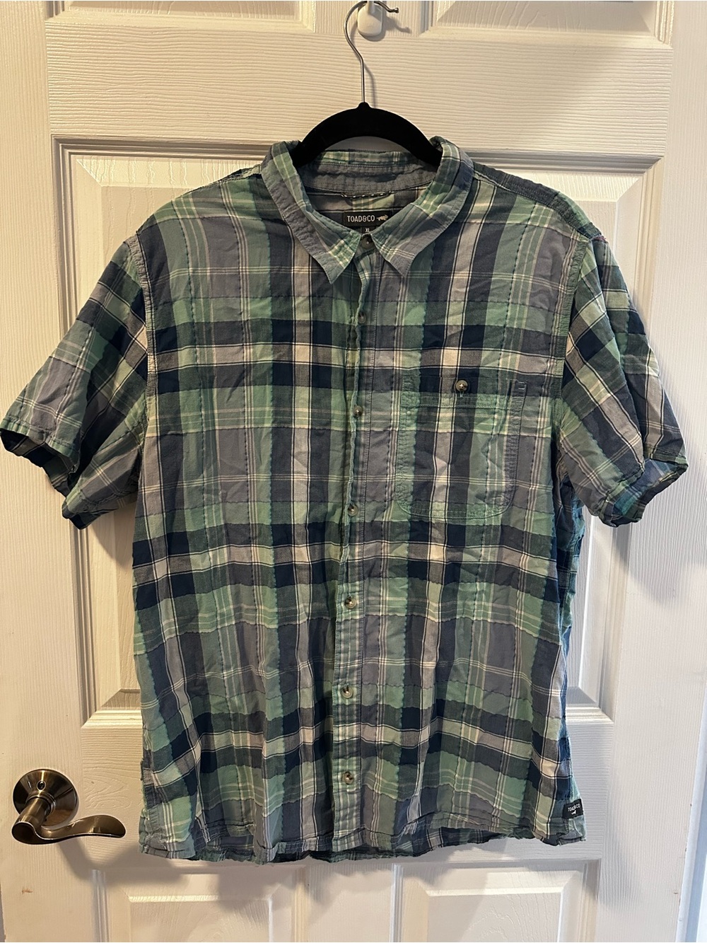 Toad&Co Plaid Button Up Shirt Mens XL Short Sleeve Green Blue